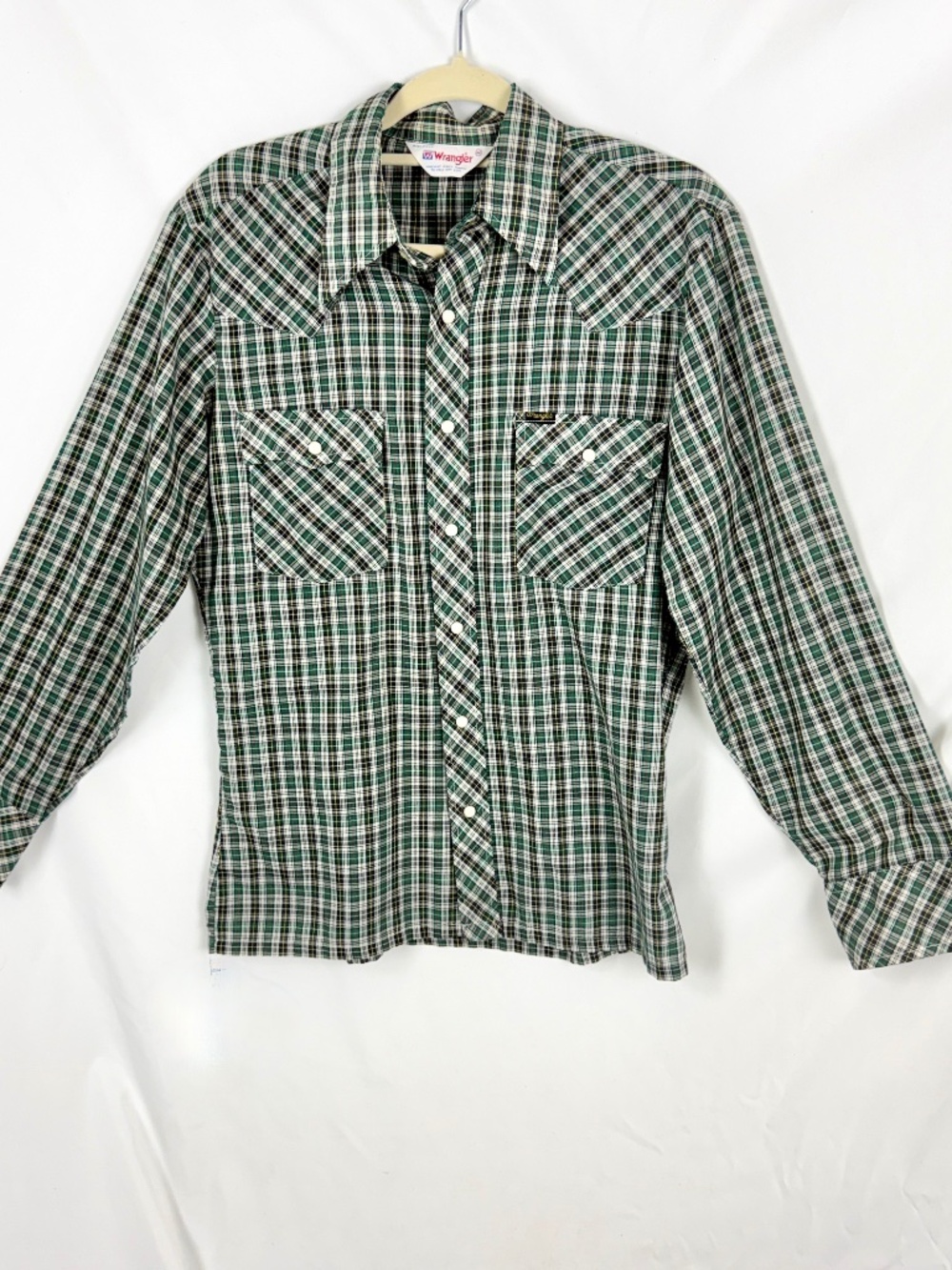 Vintage Wrangler Mens Cowboy Shirt M Blue Green Plaid Snaps Long Sleeves USA